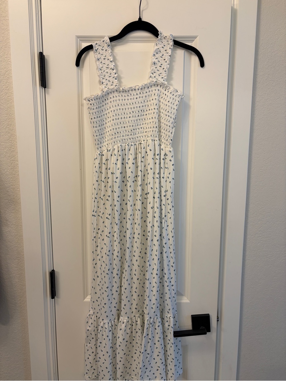 White Smocked Maxi Dress with Blue Floral Print